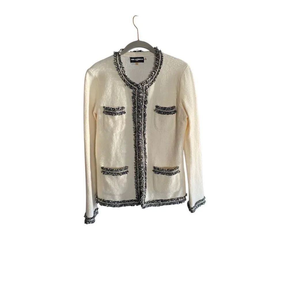 Karl Lagerfeld, Paris, women’s cream and black front closure, fringe jacket, siz
